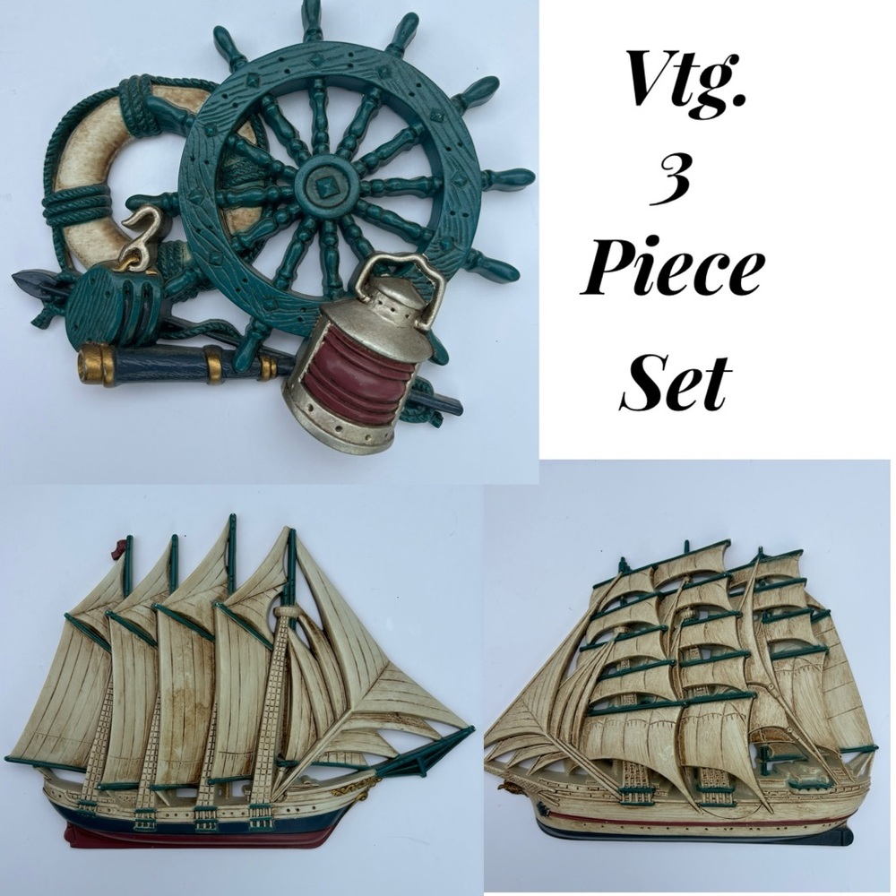 Vtg 1995 Burwood Products Made in USA 3 piece nautical set ships & helm EUC